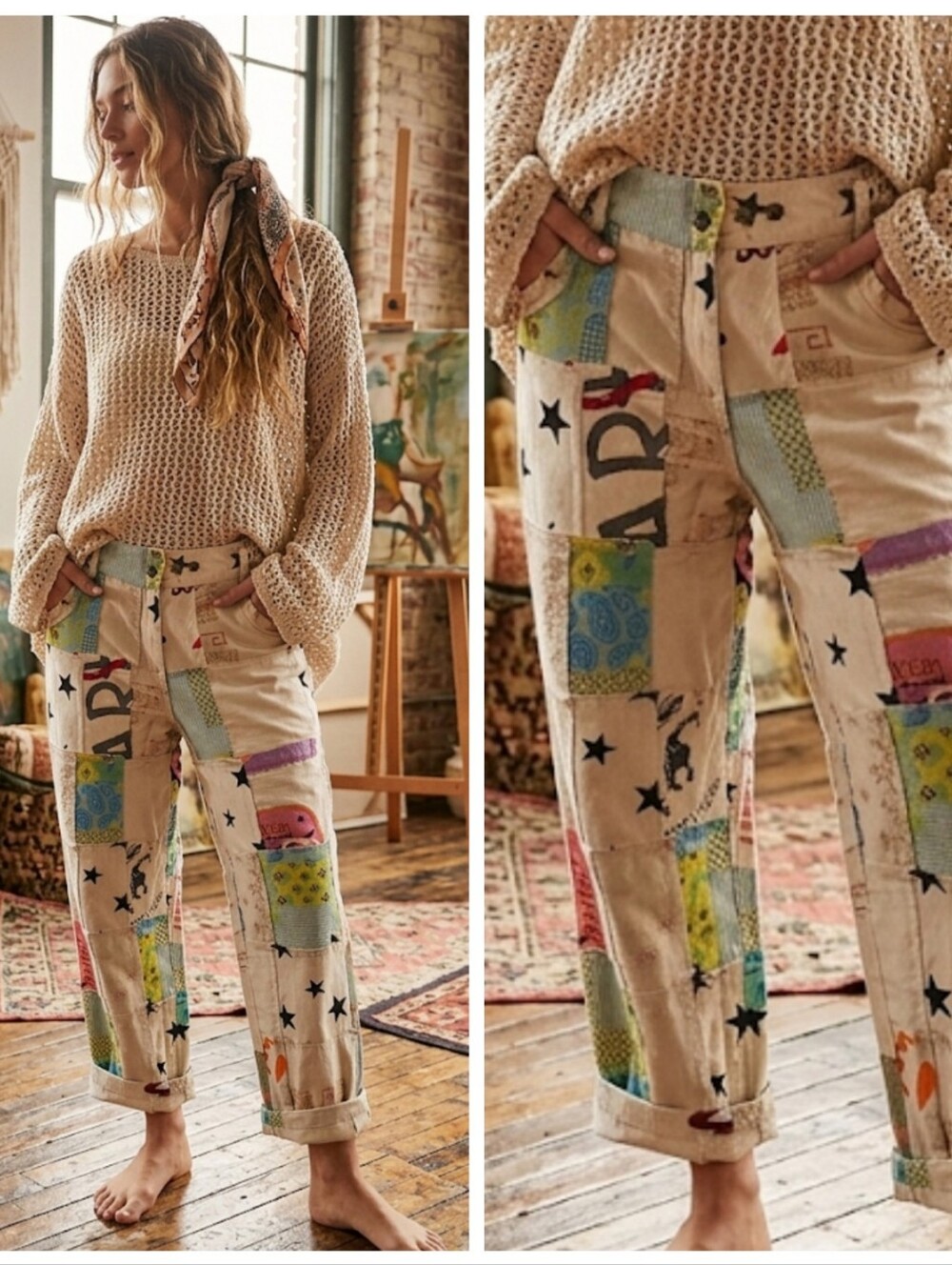 Boho Patchwork Print Pants - Cream Multicolor
